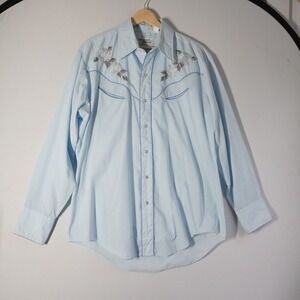 VTG Silver Spur Western Light Blue Floral Embroidered Pearl Snap Long Sleeve Men